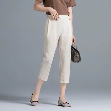 亚麻七分裤女夏季薄款加肥加大码女裤宽松高腰显瘦棉麻休闲哈伦裤商品大图