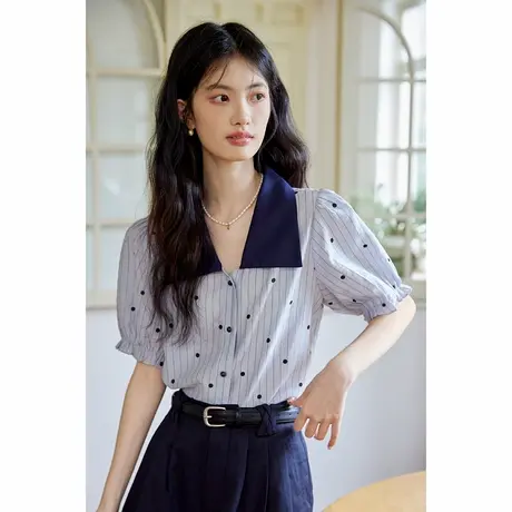弥古法式复古条纹衬衫上衣女宽松短袖高级感撞色波点衬衣2025夏季图片