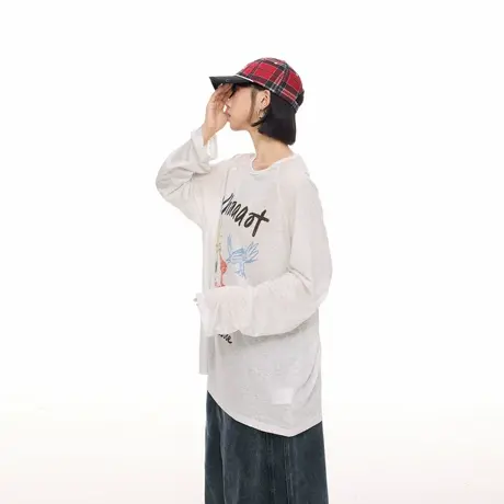 美式复古涂鸦印花长袖T恤女春秋新款宽松松弛慵懒风防晒罩衫上衣图片