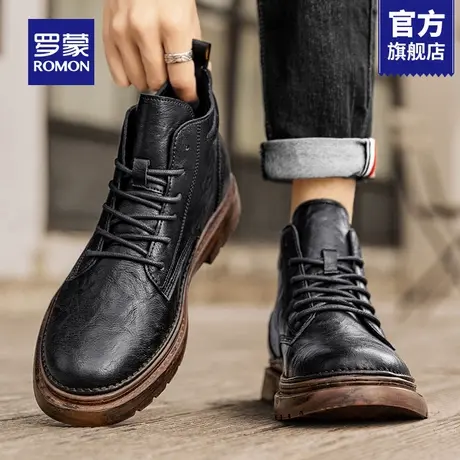 罗蒙高帮皮鞋男款2025新款秋季复古皮靴中帮男鞋真皮软底马丁靴RM商品大图