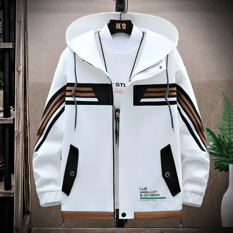 连帽夹克男士春秋季青少年初高中学生条纹撞色外套帅气工装上衣服商品大图