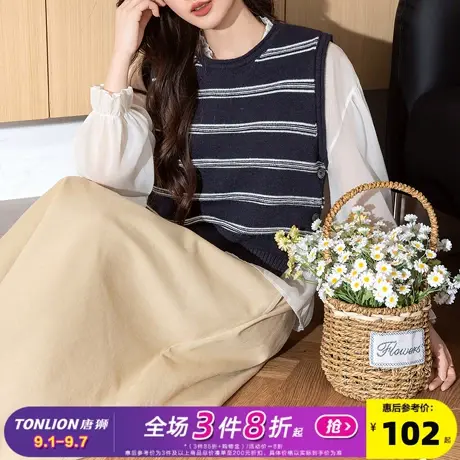 唐狮2025秋冬毛衣女简约条纹设计圆领套头女马甲外穿高级感背心商品大图