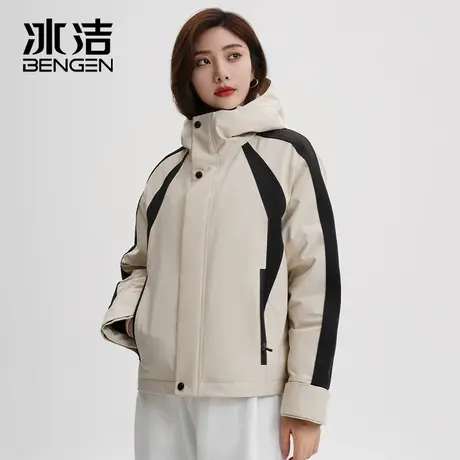 冰洁女士短款连帽羽绒服宽松冲锋衣外套拼接户外运动工装GDQE商品大图
