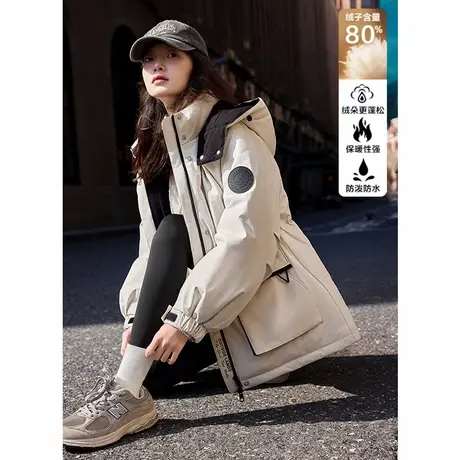 【防水】唐狮撞色连帽羽绒服女2024冬季新款爆款工装外套派克服商品大图