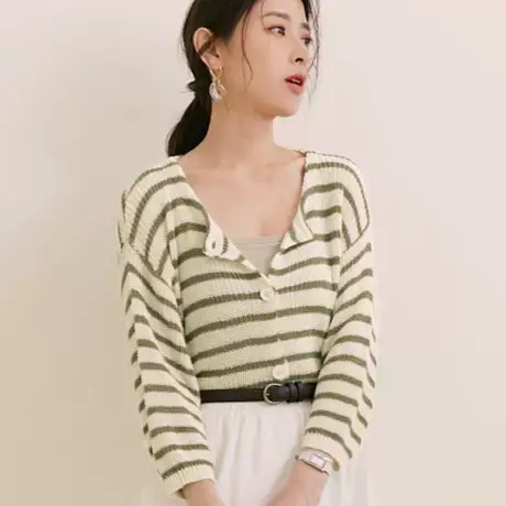 桔熊春夏季通勤简约条纹针织衫小外套落肩长袖上衣女大码FA2755图片