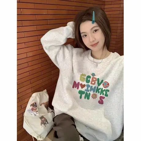小众白灰色圆领重磅卫衣女款秋季2025新款宽松休闲美式加绒上衣服商品大图