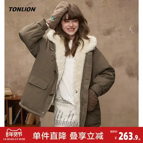 唐狮2026秋冬季短款棉衣女仿羊羔毛拼接连帽腰部抽绳收腰设计时尚商品大图