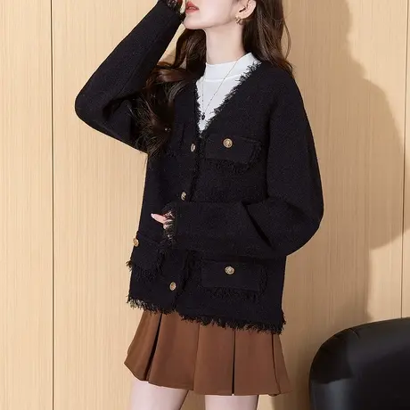 唐狮秋冬季女毛衣小香风气质显瘦V领开衫外套高级感百搭毛线衫tu商品大图