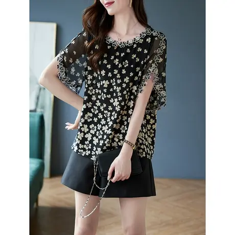 宝诗黎圆领喇叭袖时尚减龄碎花上衣女夏季2023新款洋气宽松雪纺衫商品大图