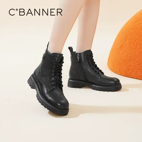 千百度女鞋2022秋冬新款时尚酷飒风马丁靴粗跟黑色短靴骑士靴真皮商品大图