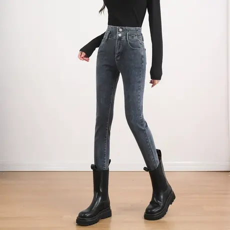 时尚加绒牛仔裤小脚裤女士2023年冬季高腰显瘦通勤休闲裤子商品大图