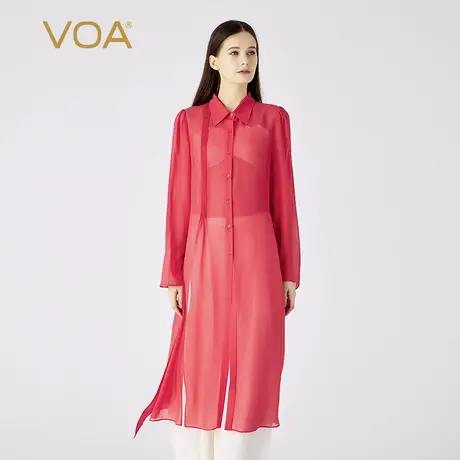 VOA桑蚕丝乔其纱红色POLO领长袖单排扣不对称褶皱中长款真丝风衣图片