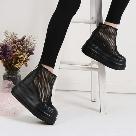 小个子透气网鞋女增高10公分夏新款厚底高帮运动鞋休闲真皮松糕鞋商品大图