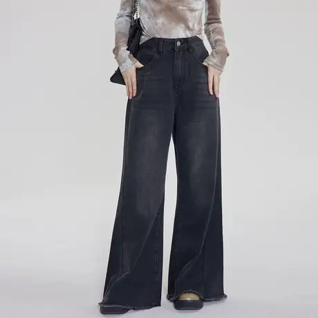 尔给宽松黑色美式小个子复古高腰显瘦微喇牛仔裤女2023新款裤子商品大图