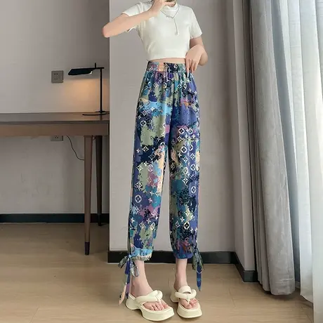 冰丝印花直筒哈伦裤女夏季薄款宽松束脚休闲裤涂鸦显瘦九分灯笼裤商品大图