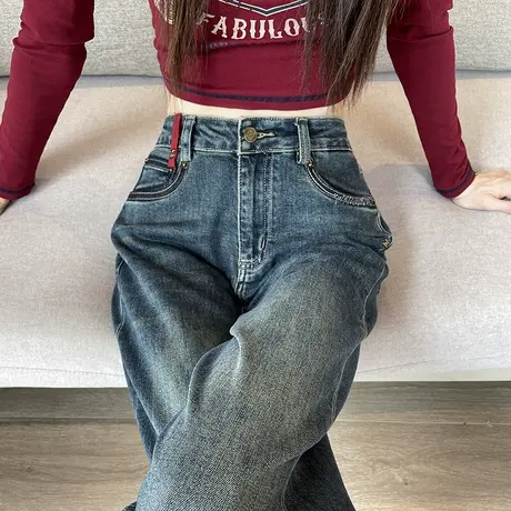 复古阔腿牛仔裤女2024春秋新款高腰显瘦宽松直筒宽松阔腿拖地裤子商品大图