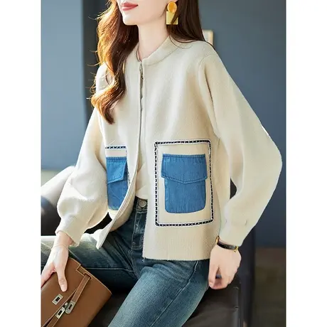 宝诗黎圆领牛仔拼接拉链开衫夹克上衣女2023秋冬季新款针织短外套商品大图