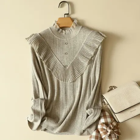 秋冬季新款半高领套头毛衣女士气质荷叶边修身打底衫百搭针织上衣图片