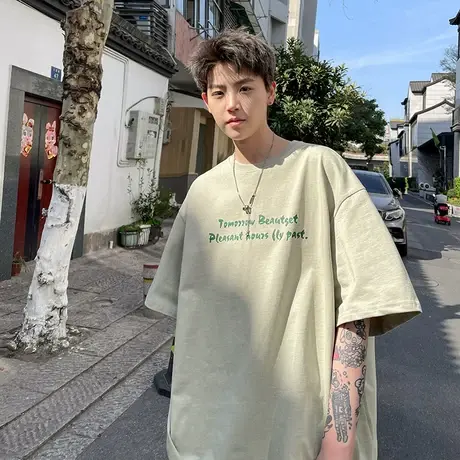 夏季纯棉小清新薄款短袖T恤男ins新款潮流透气宽松圆领体恤打底衫商品大图