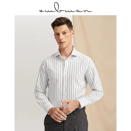 十米布纯棉时尚意式黑白宽条纹衬衫男长袖修身全棉潮流温莎领衬衣商品大图