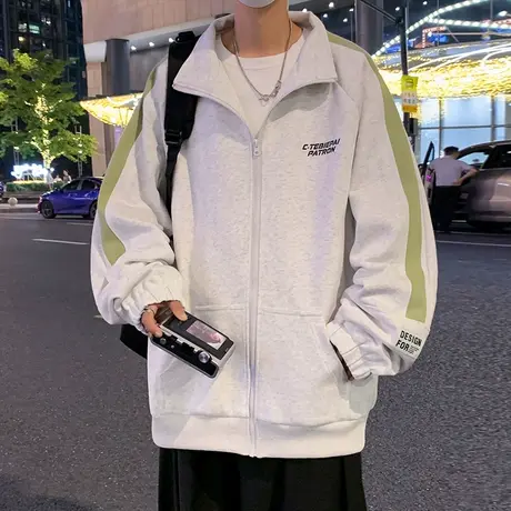 美式高街卫衣男春秋季情侣休闲宽松条纹oversize拉链开衫运动外套商品大图