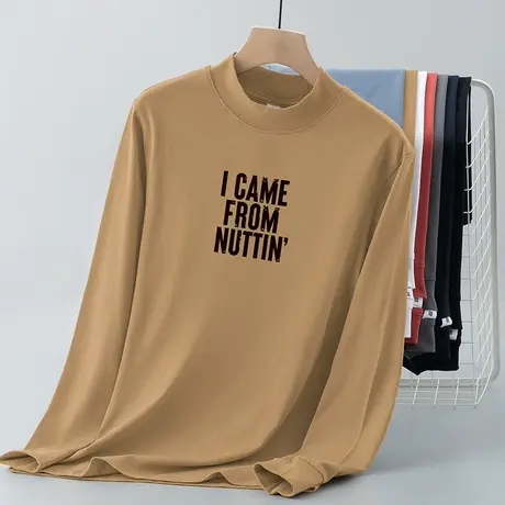 重磅纯棉长袖t恤男装2024新款半高领打底衫全棉体恤中领内搭秋衣图片