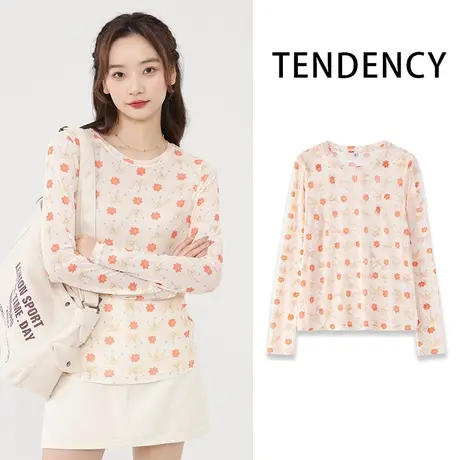 VR真维斯网纱长袖打底衫女夏2023新款时尚碎花透气防晒紧身上衣V图片