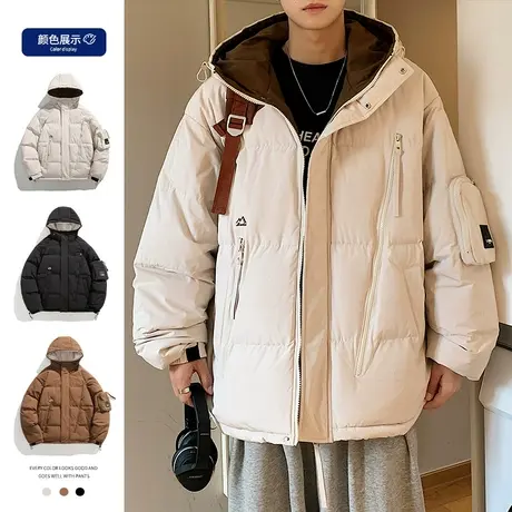 冬季宽松厚款连帽拉链开衫棉服男ins潮流撞色面包服美式棉衣外套商品大图