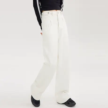 尔给高腰宽松直筒白色休闲阔腿裤女春秋2022年新款裤子收腰长裤商品大图