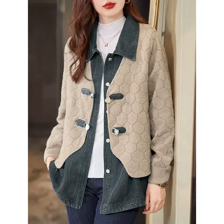 宝诗黎牛仔拼接时尚设计感开衫上衣女宽松假两件外套2023秋季新款商品大图