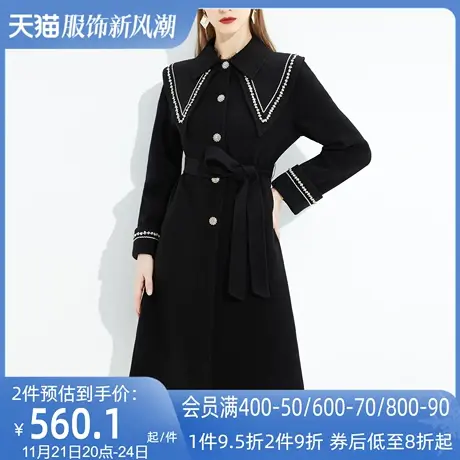 AUI黑色气质娃娃领毛呢外套女冬2023新款高端小众中长款呢子大衣图片