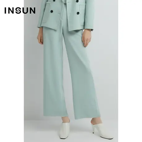 INSUN恩裳线上专选春季醋酸混纺直筒高腰阔腿休闲裤图片