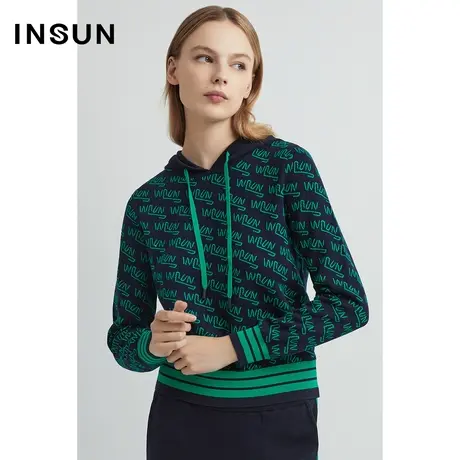 INSUN恩裳奥莱2023春季天丝环保纤维连帽休闲印花针织衫商品大图