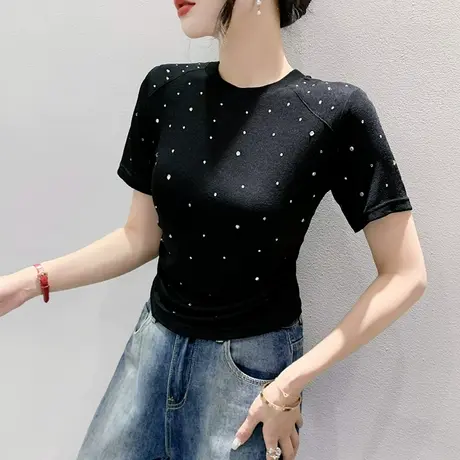 网红个性T恤女短袖2024夏季新款高腰短款小衫设计感重工烫钻上衣图片