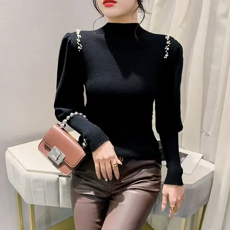 秋冬加厚高领针织衫长袖女装性感泡泡袖烫钻拼接上衣洋气修身毛衣商品大图