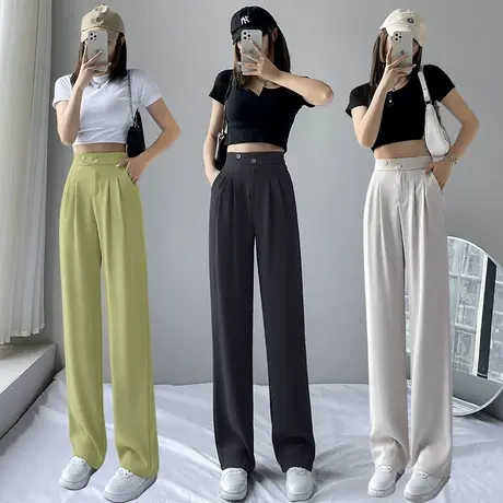 2023夏薄款冰丝拖地阔腿裤女小个子高腰西装裤宽松休闲直筒女裤子图片