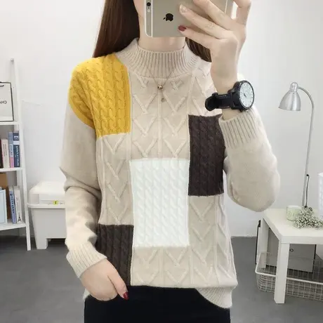 2023年秋冬新款半高领宽松撞色毛衣女加绒内搭针织打底衫短款加厚商品大图