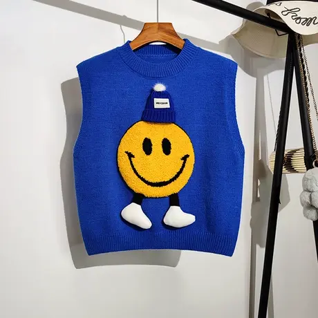 克莱因蓝笑脸针织马甲女秋冬新款圆领显瘦设计感小众毛衣背心外穿商品大图