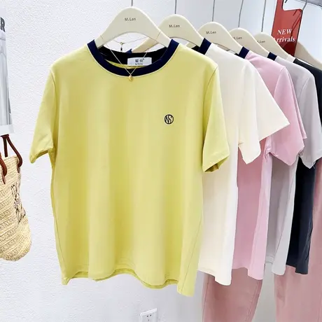 自留款高品质纯棉短袖上衣女2023夏款韩版清爽拼色正肩T恤打底衫商品大图