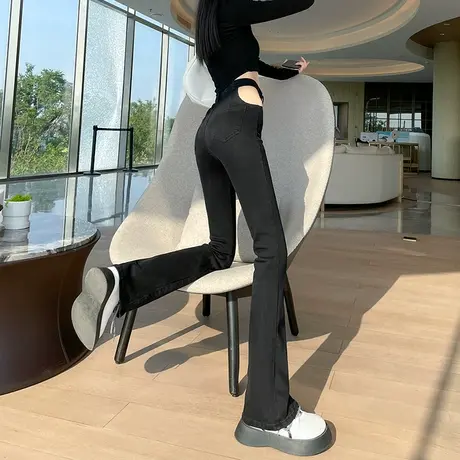 黑色微喇叭牛仔裤子女春秋2023年新款高腰显瘦高个子阔腿长裤商品大图