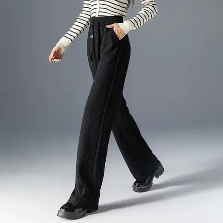 黑色阔腿裤女春秋2023新款棋盘格裤子显瘦秋季垂感拖地长裤直筒裤商品大图