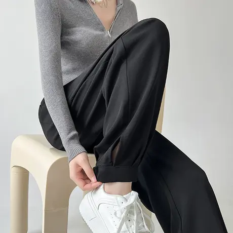 工装裤女2024新款春秋高腰直筒宽松显瘦哈伦裤九分小个子西装裤子图片