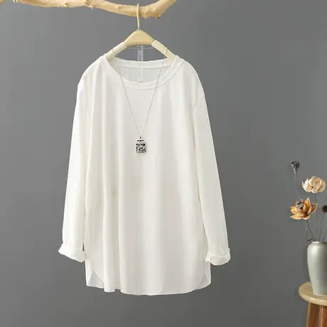 文艺大码女装圆领白t恤女2024春装新款宽松套头薄打底衫上衣体恤图片