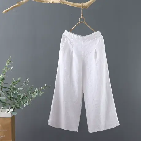 复古纯色松紧高腰棉麻阔腿裤子女文艺范宽松直筒裤休闲裤七分裤子图片
