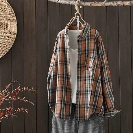 枫谜2023夏季新款文艺休闲翻领格子衬衫宽松显瘦百搭长袖衬衣女图片