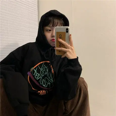 冬装新款韩版宽松慵懒风字母百搭加厚加绒连帽卫衣女外套ulzzang图片