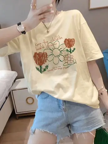 女士仿棉短袖t恤夏季2023新款韩版宽松大码女装显瘦潮牌遮肉上衣商品大图