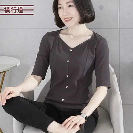 2025春季新款简约方领排扣T恤修身中袖显瘦大码女上衣中年妈妈装商品大图