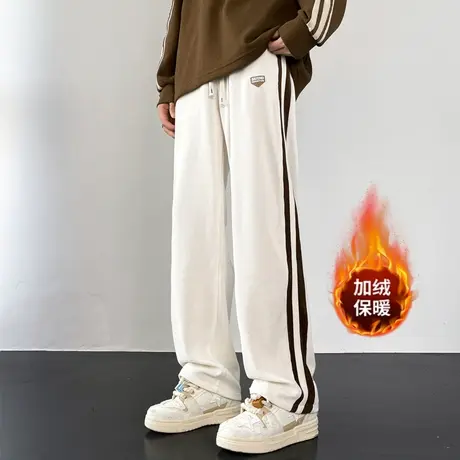 加绒卫裤男款撞色条纹休闲裤美式高街男士潮牌宽松直筒运动长裤子图片
