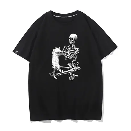 秀洛夏装帅气骷髅人半袖宽松情侣学生男友短袖T恤猫主子铲屎官穿图片